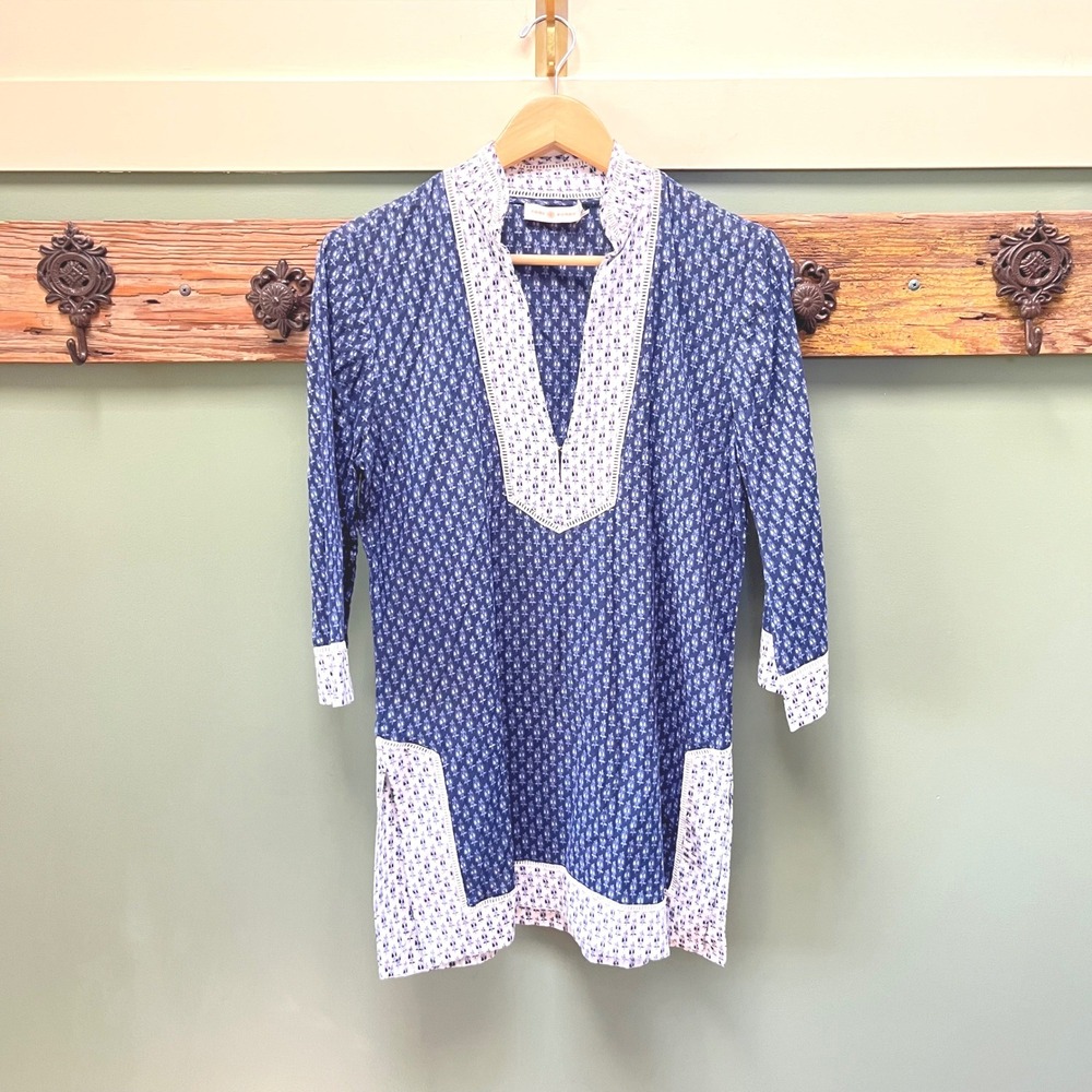Tory Burch Navy Blue White Floral Cotton Tunic Top Split V-Neck Lace Trim XS
